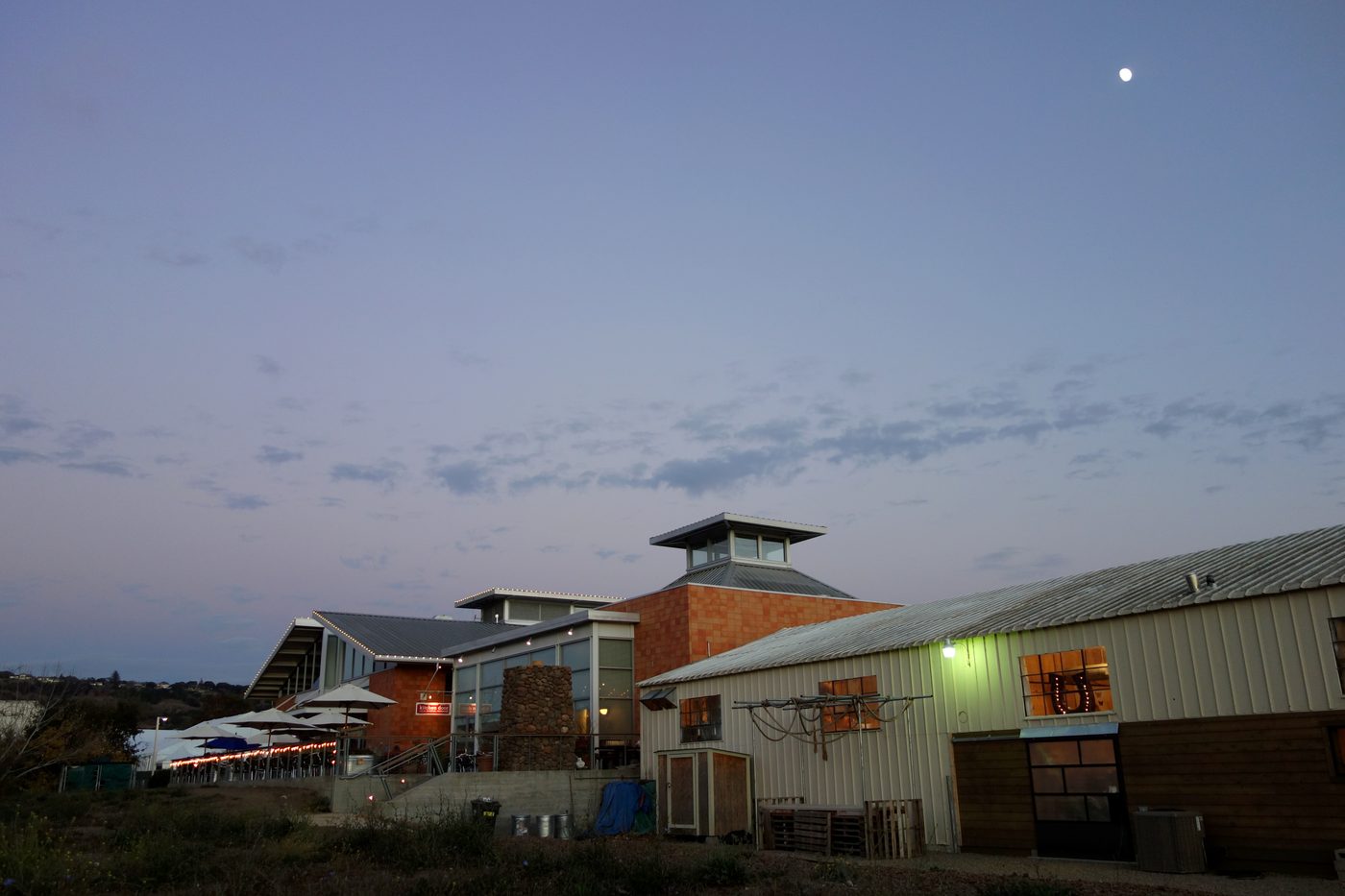 The Oxbow Public Market building in downtown Napa at dusk